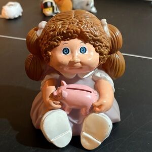 Vintage Cabbage Patch Bank- Brown-Haired Doll with Pink Piggy Bank